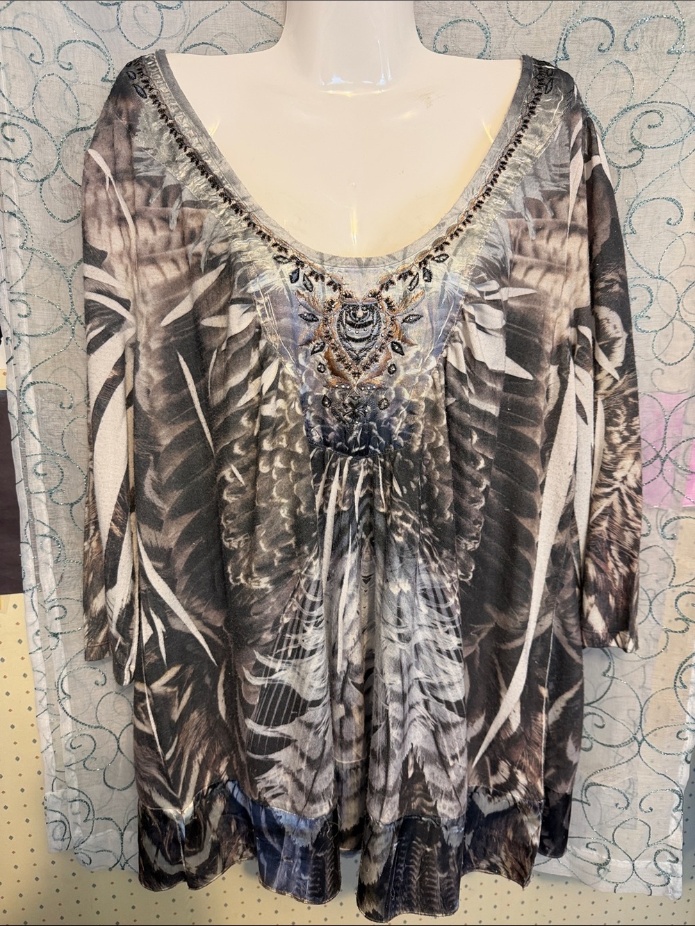 Womens Embellished Scoop Neck Tunic Top - Gray blue and black Floral Print